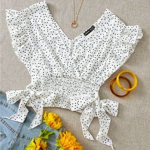 BARGAIN DEAL | Shein | Ruffled Crop Top | Black & White Polka-Dot | Large
